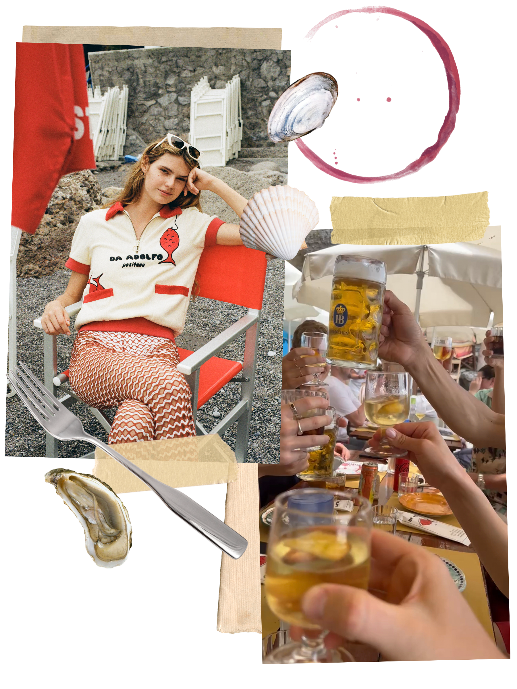 Collage of girl in beach chair wearing Da Adolfo cabana shirt and close up of hands lifting up glasses of beer at lunch table