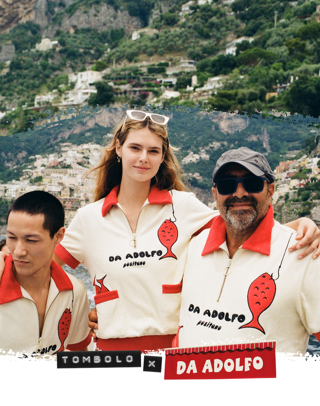 Tombolo x Da Adolfo showing Woman putting arm around two men wearing da Adolfo shirts
