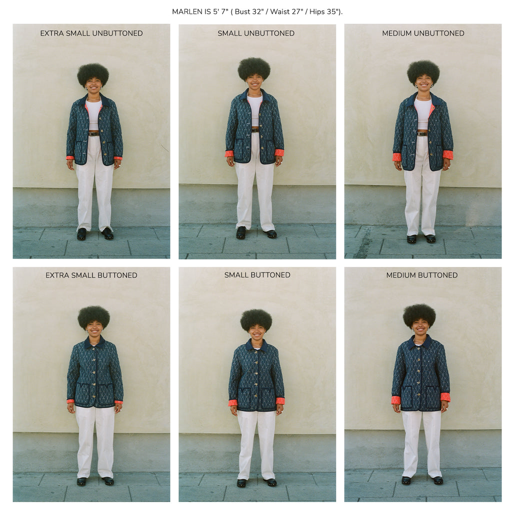 Woman wearing quilted jacket in size extra small to medium to demonstrate sizing