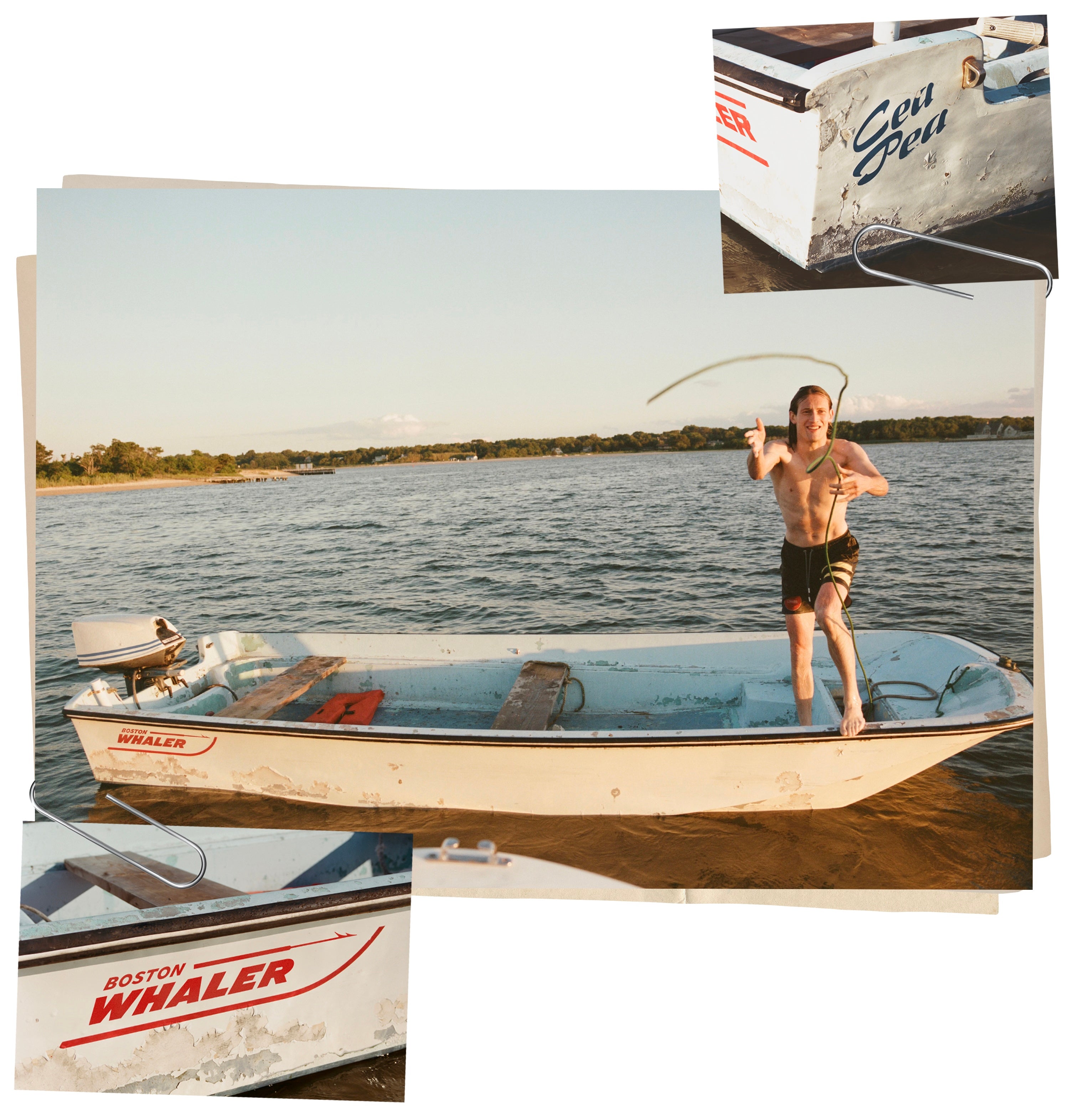 Man standing on a Boston Whaler boat with inset images of the boat.