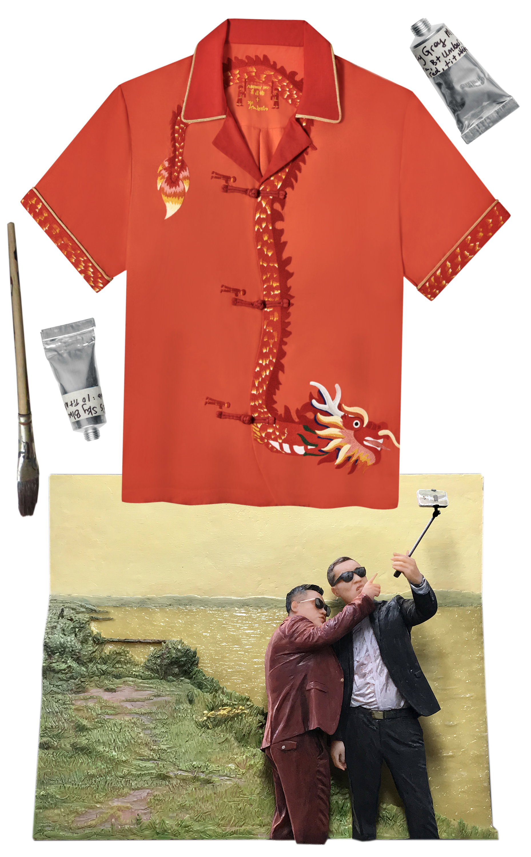 A Tombolo shirt depicts a dragon. Below it is a relief sculpture of two men taking a selfie in front of a yellow river.