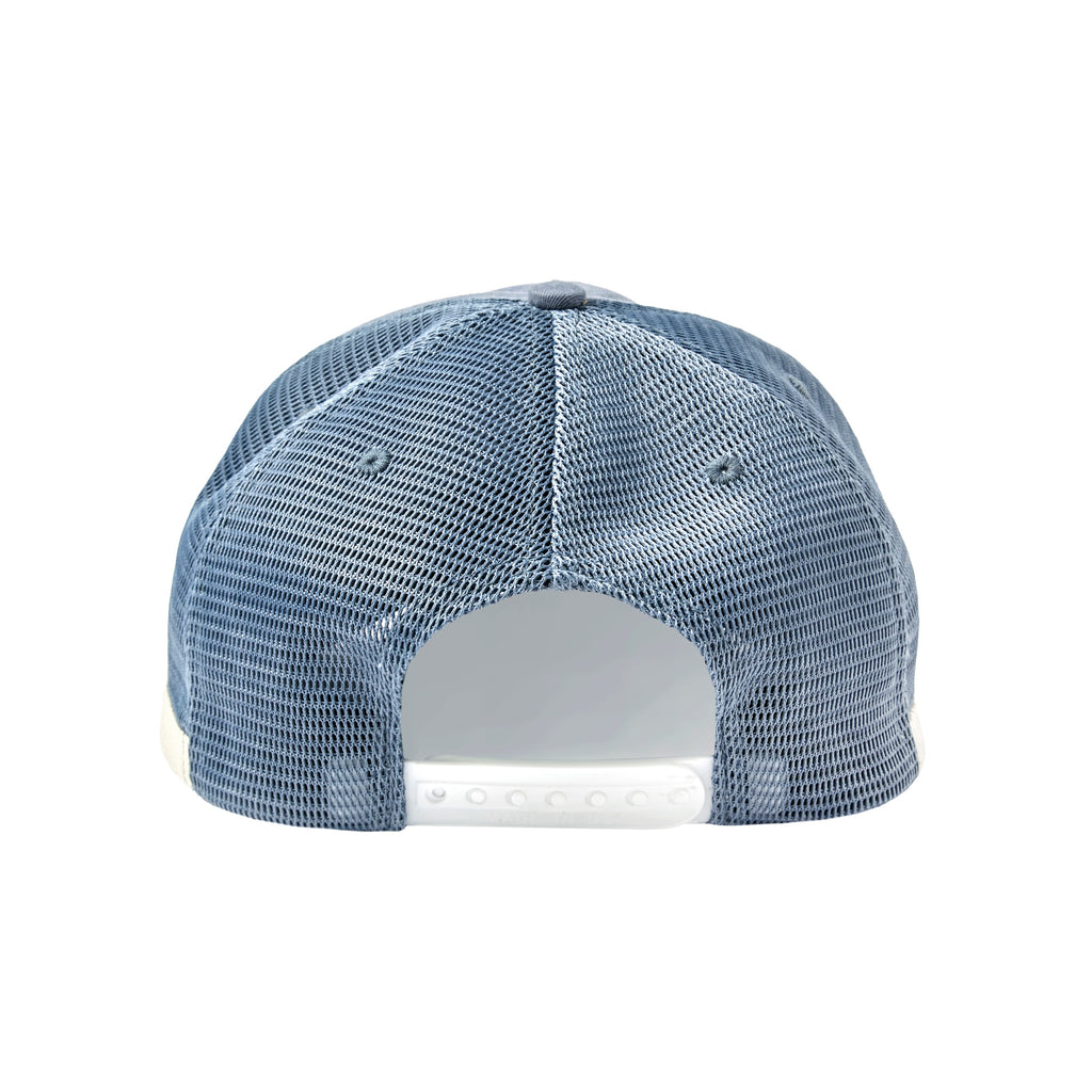 backside of blue mesh hat. 