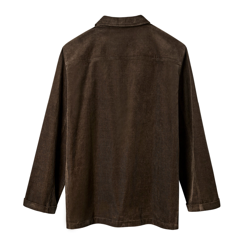 Back view of a brown corduroy jacket with long sleeves and a straight hem.