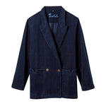 Navy corduroy double-breasted suit jacket with peak lapels and front pockets, unlined and made by Tombolo.