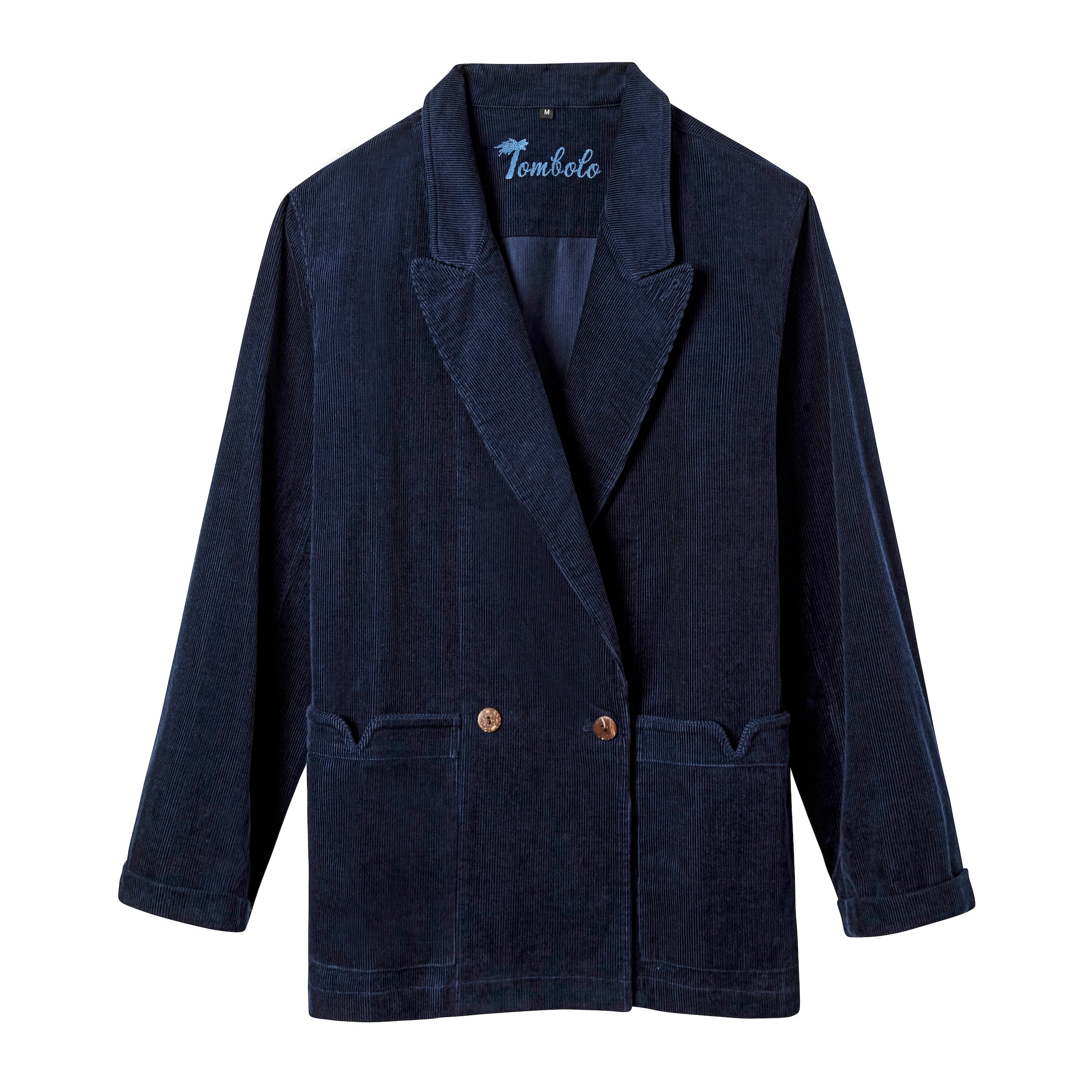 Navy corduroy double-breasted suit jacket with peak lapels and front pockets, unlined and made by Tombolo.