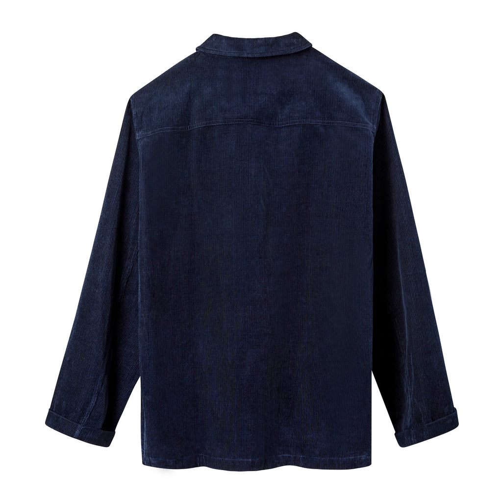 Back view of a navy blue corduroy jacket with long sleeves and a straight hem.