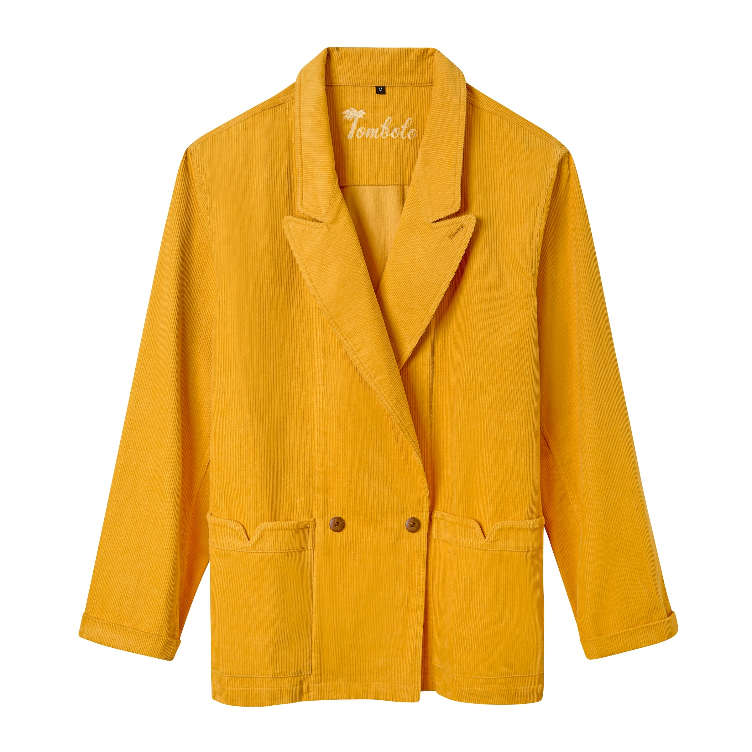 A vibrant yellow corduroy jacket with a relaxed, double-breasted fit. It features two front buttons, wide notch lapels, and two large front patch pockets with flaps. The inside collar has “Tombolo” embroidered in cursive.