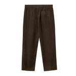 Back view of brown corduroy pants with an elastic waistband and a single back patch pocket on the right side.