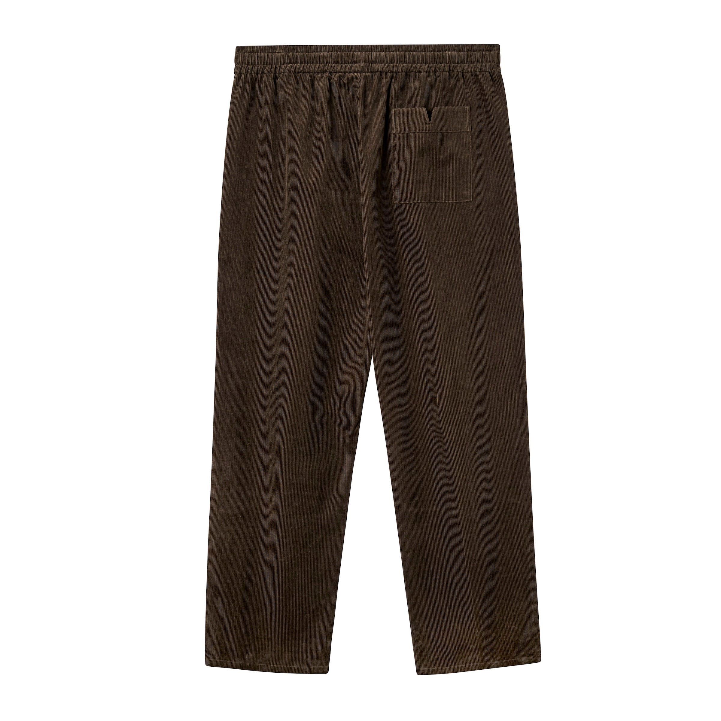 Back view of brown corduroy pants with an elastic waistband and a single back patch pocket on the right side.