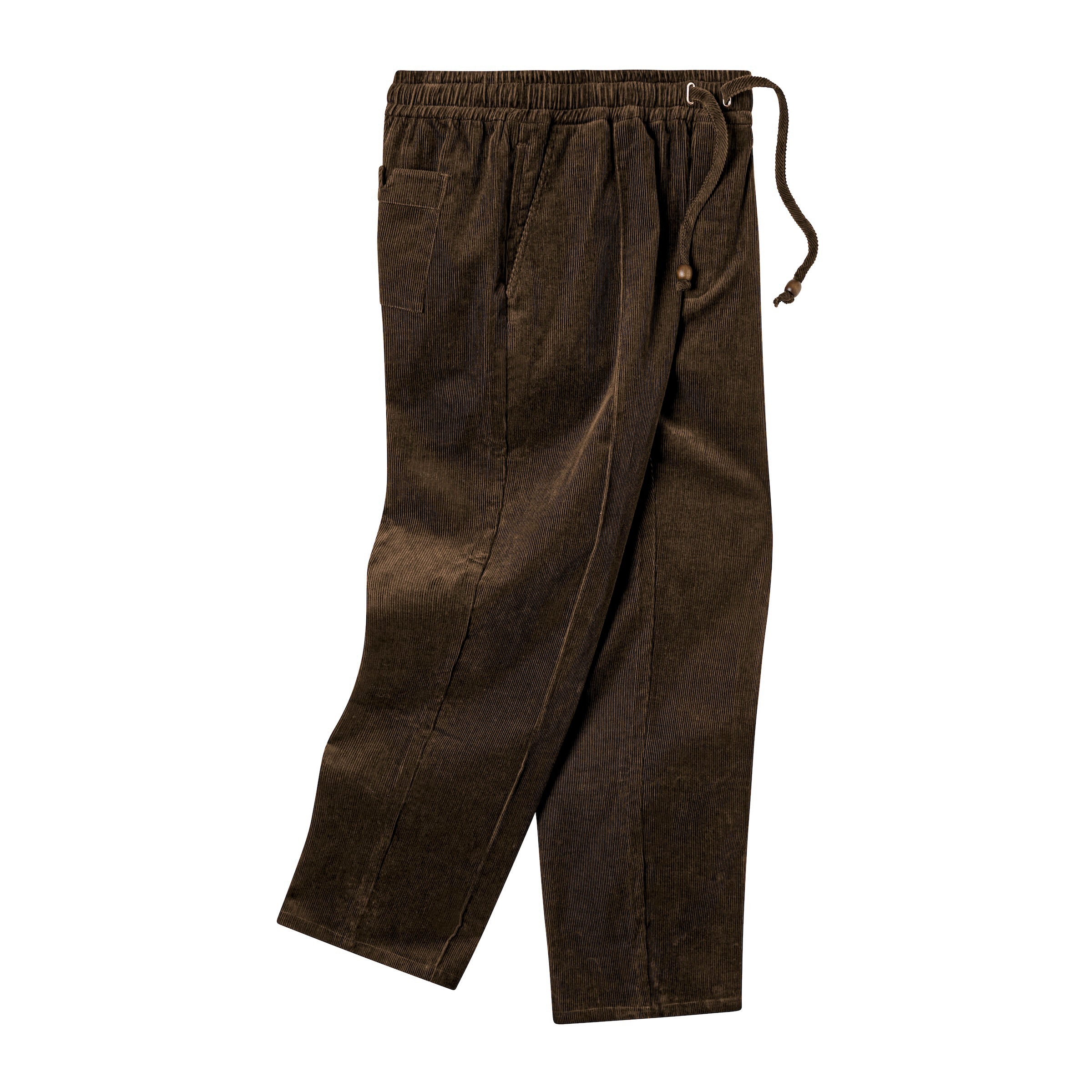 Flat lay of brown corduroy pants featuring an elastic waistband with drawstring ties, side pockets, and a back patch pocket.