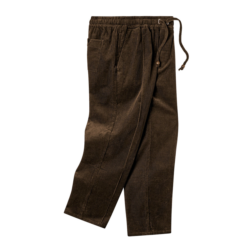 Flat lay of brown corduroy pants featuring an elastic waistband with drawstring ties, side pockets, and a back patch pocket.