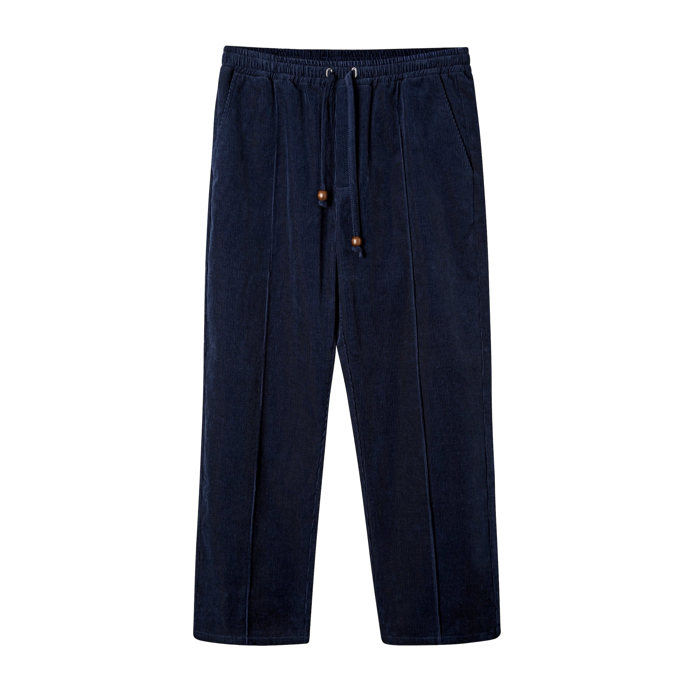 Navy corduroy pants with an elastic waistband and drawstrings, featuring a zippered side pocket.