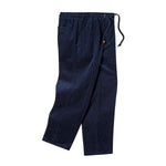 Flat lay of navy blue corduroy pants featuring an elastic waistband with drawstring ties, side pockets, and a back patch pocket.