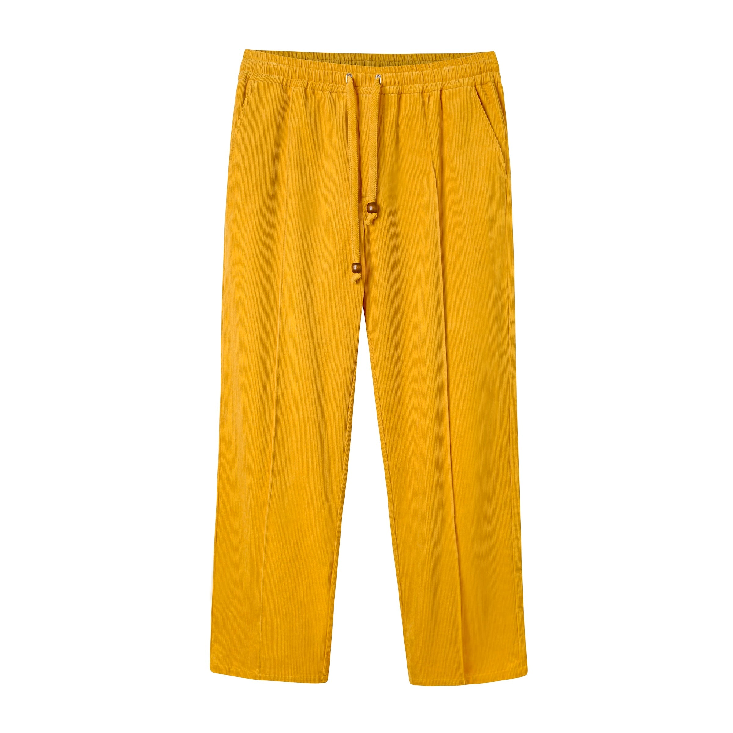 A pair of saffron yellow corduroy pants with an elasticized waist and drawstrings.