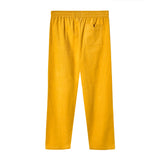 Back view of yellow corduroy pants with an elastic waistband and a single back patch pocket on the right side.