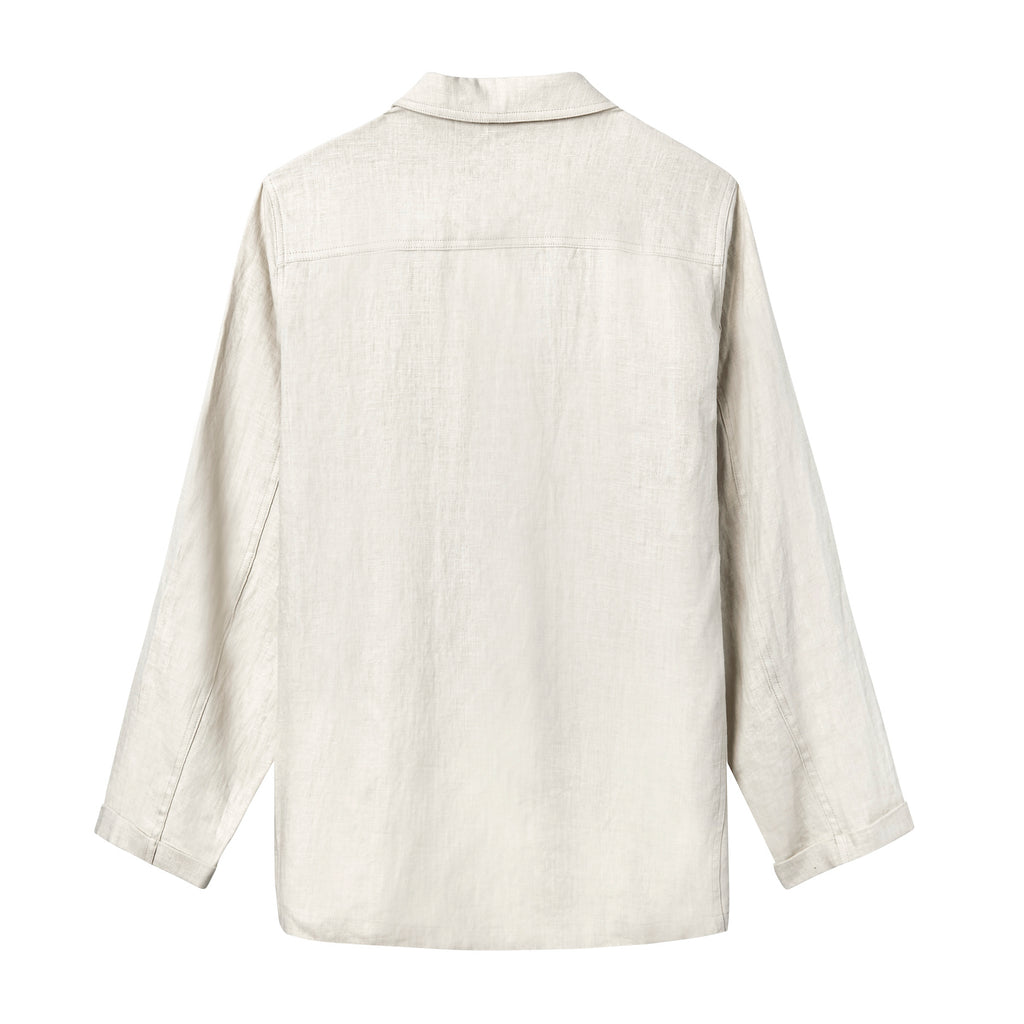 Beige linen suit laid flat showing the back