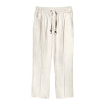 Beige linen pants laid flat facing the front
