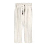 Beige linen pants laid flat facing the front