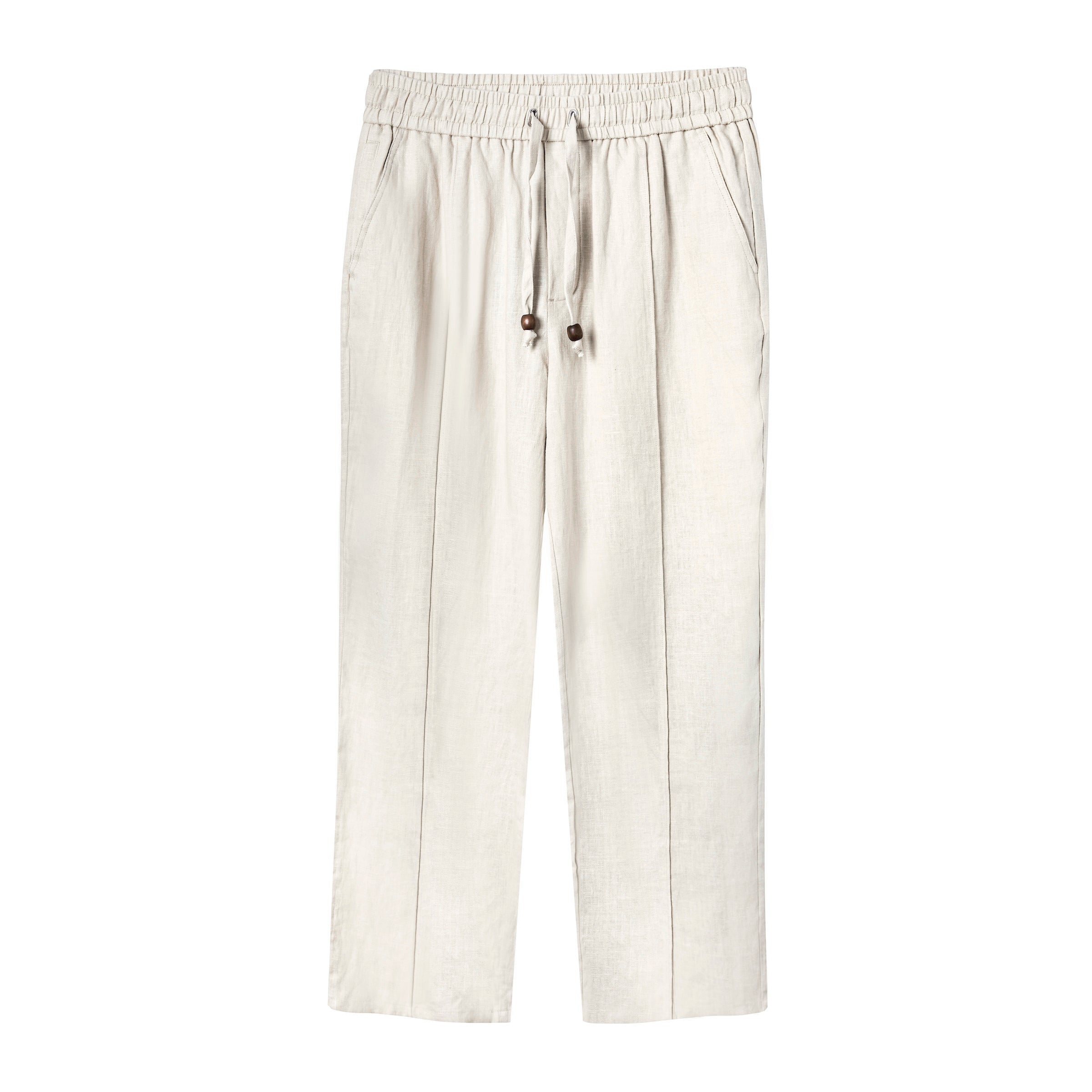 Beige linen pants laid flat facing the front