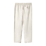 Beige linen pants laid flat from the back