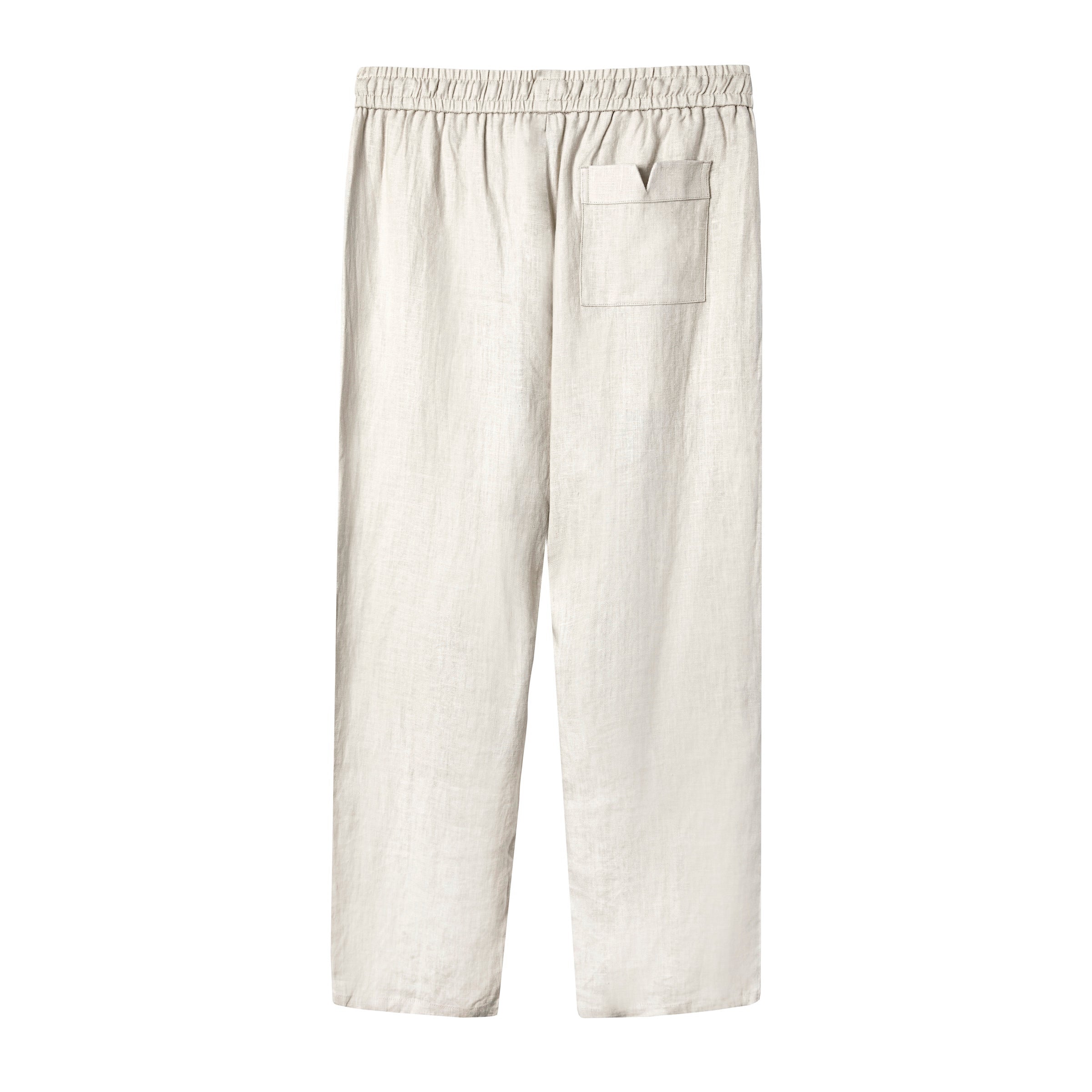 Beige linen pants laid flat from the back