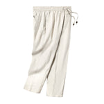 Beige linen pants laid flat from the right side