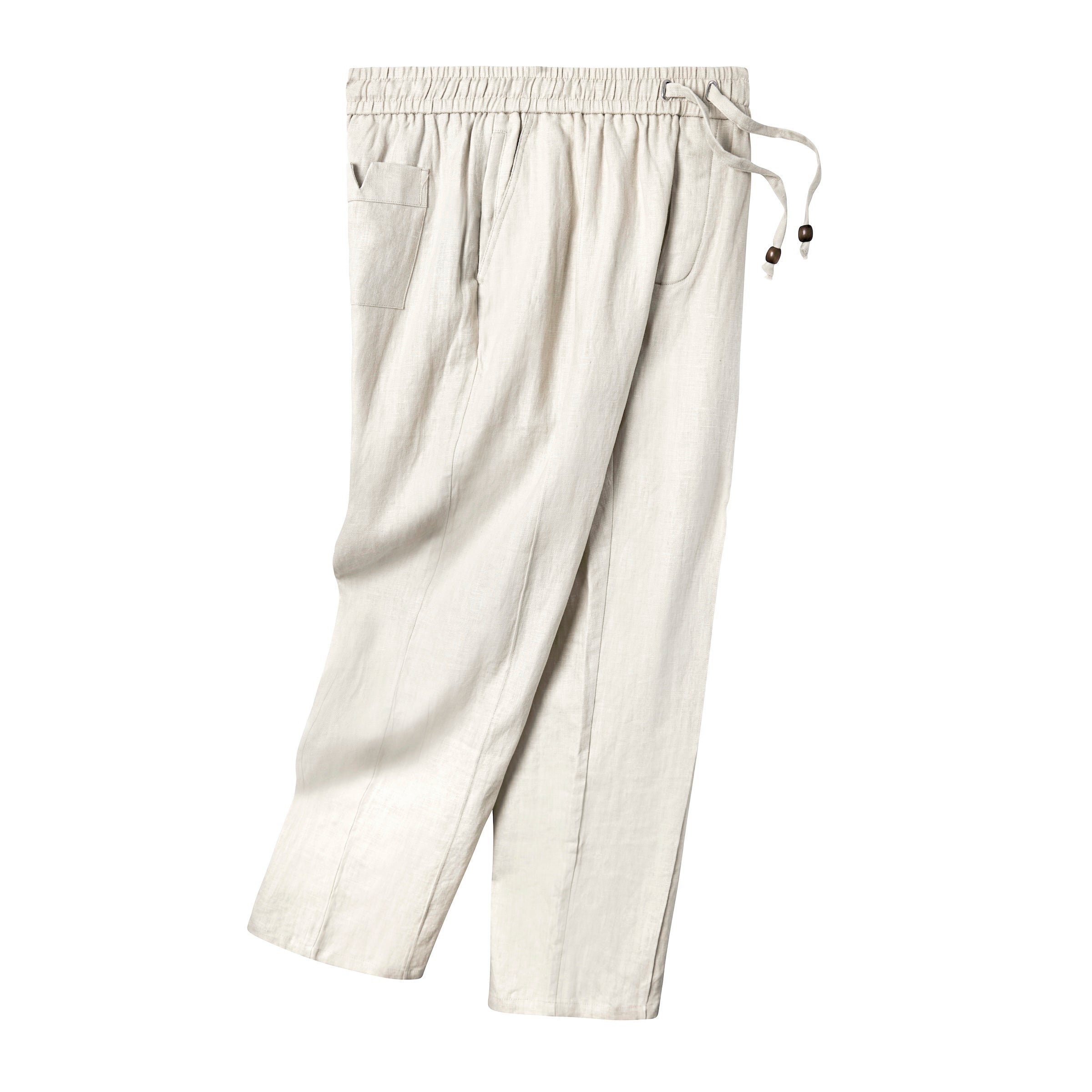 Beige linen pants laid flat from the right side