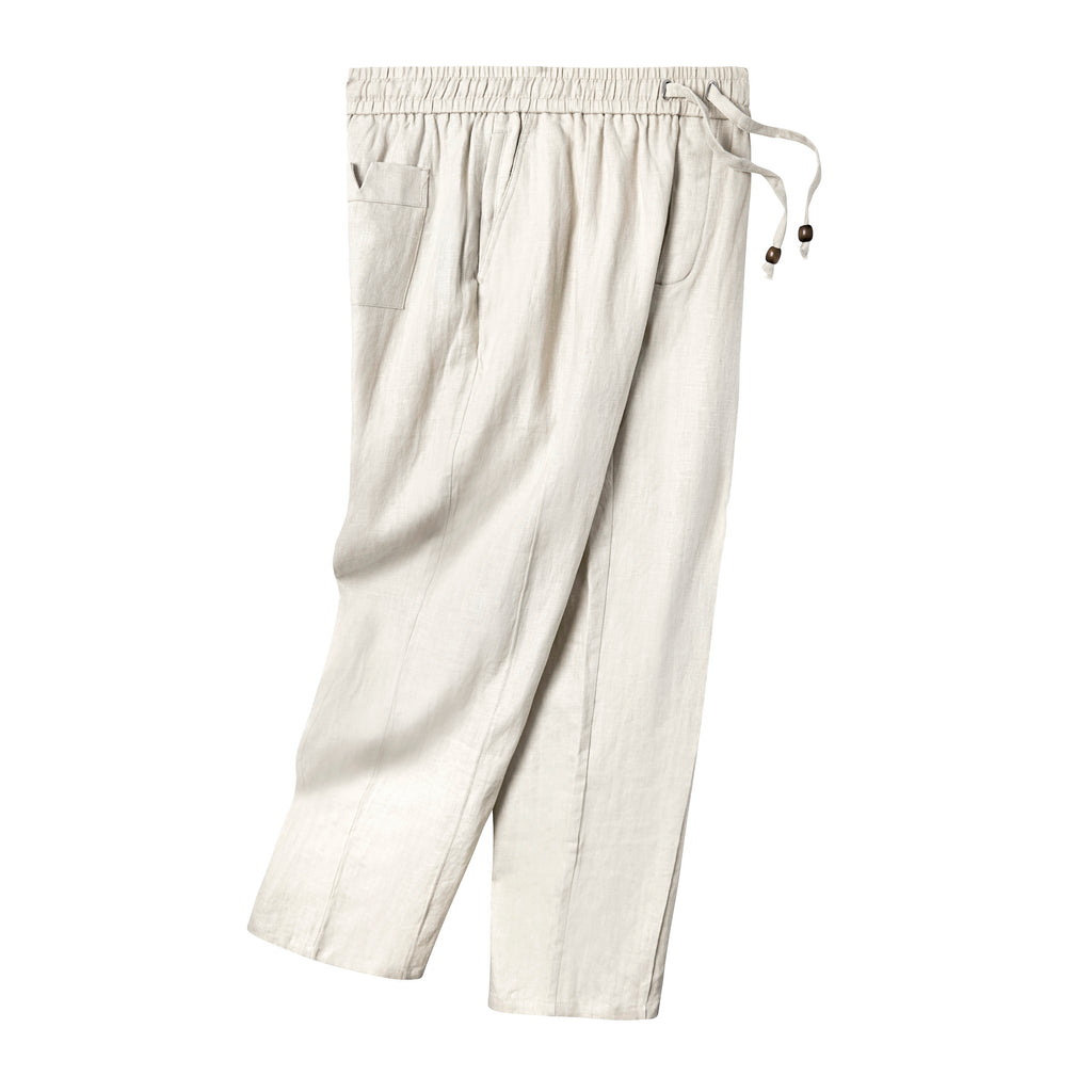 Beige linen pants laid flat from the right side