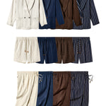 Image of entire Easy Going Suit Collection, including Jackets, Shorts and Pants that are made in four different colorways: Brown, Navy, Sand, and Navy Jacquard Stripe