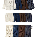 Image of entire Easy Going Suit Collection, including Jackets, Shorts and Pants that are made in four different colorways: Brown, Navy, Sand, and Navy Jacquard Stripe