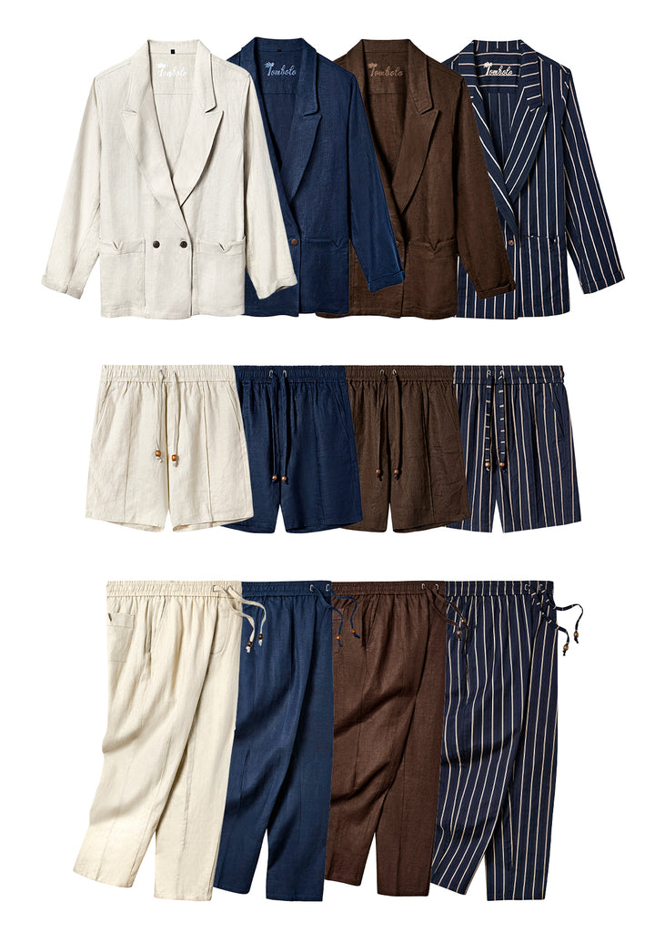 Image of entire Easy Going Suit Collection, including Jackets, Shorts and Pants that are made in four different colorways: Brown, Navy, Sand, and Navy Jacquard Stripe