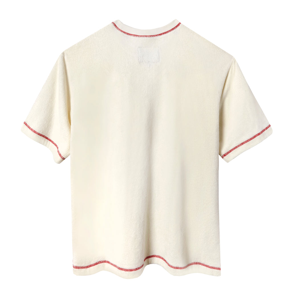 Back-side of cream terry tee. 