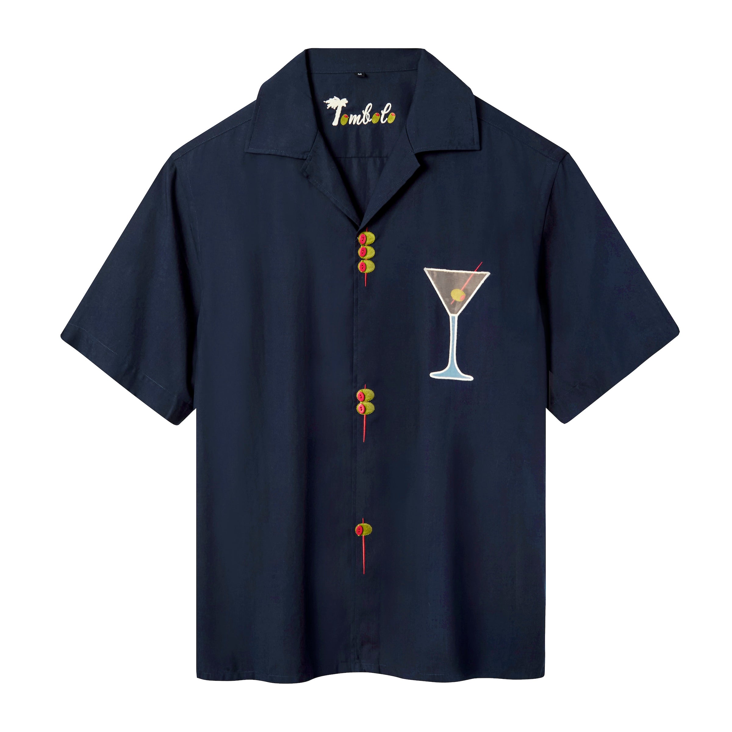 A navy blue short-sleeve button-down shirt with playful detailing: embroidered olive skewers act as buttons down the front, and a white martini glass with an olive garnish is embroidered on the chest. 