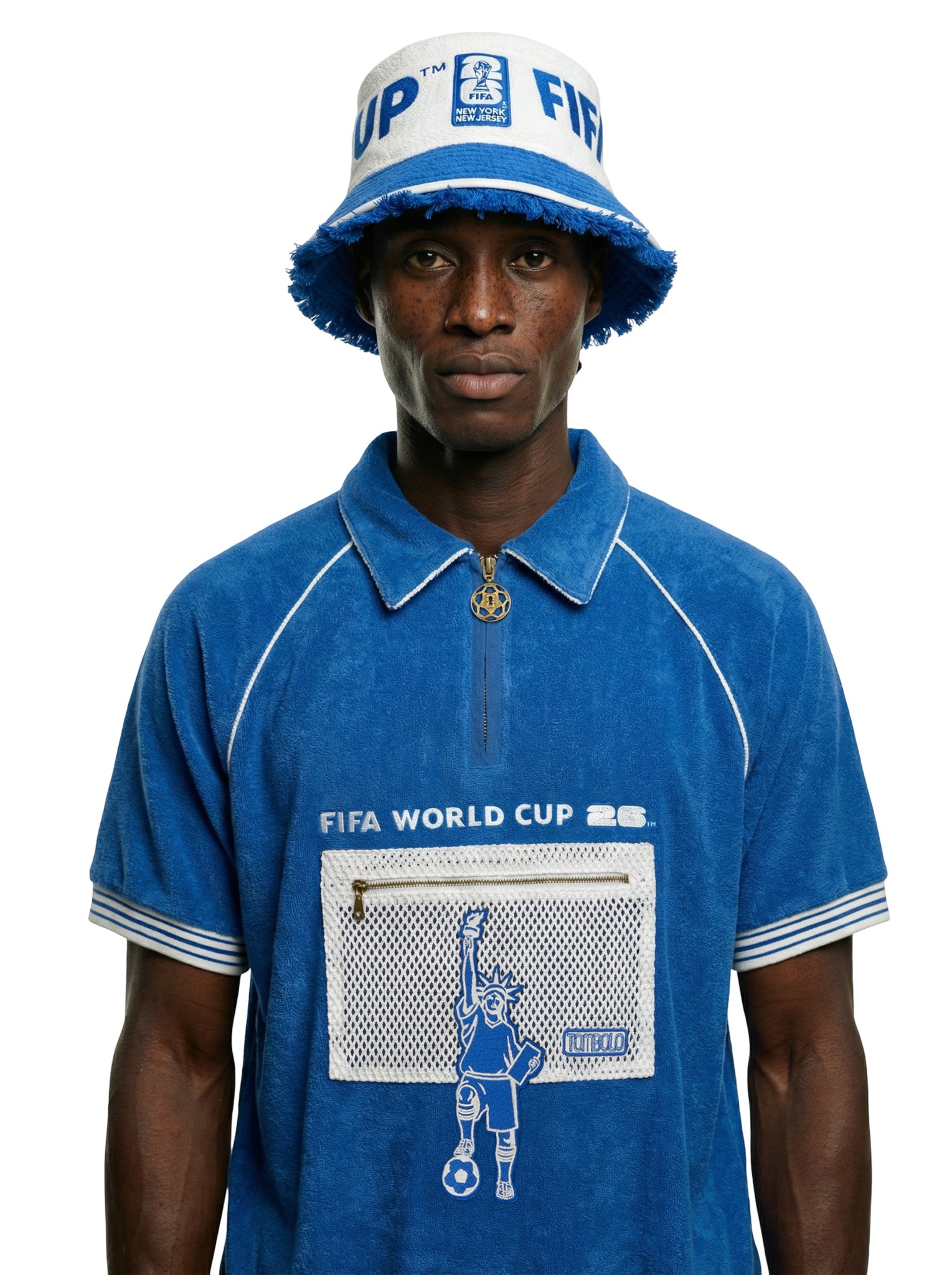 Person wearing a blue FIFA World Cup shirt and matching bucket hat on a white background.