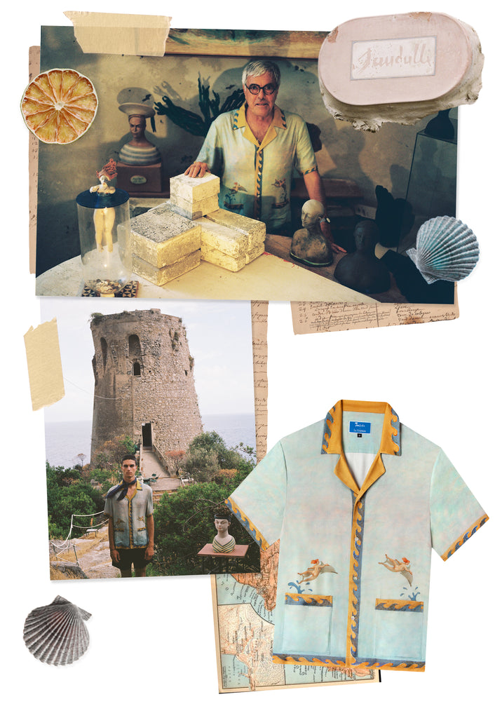 Collage of Paolo Sandulli shirt, model with castle in background, and Sandulli in his studio