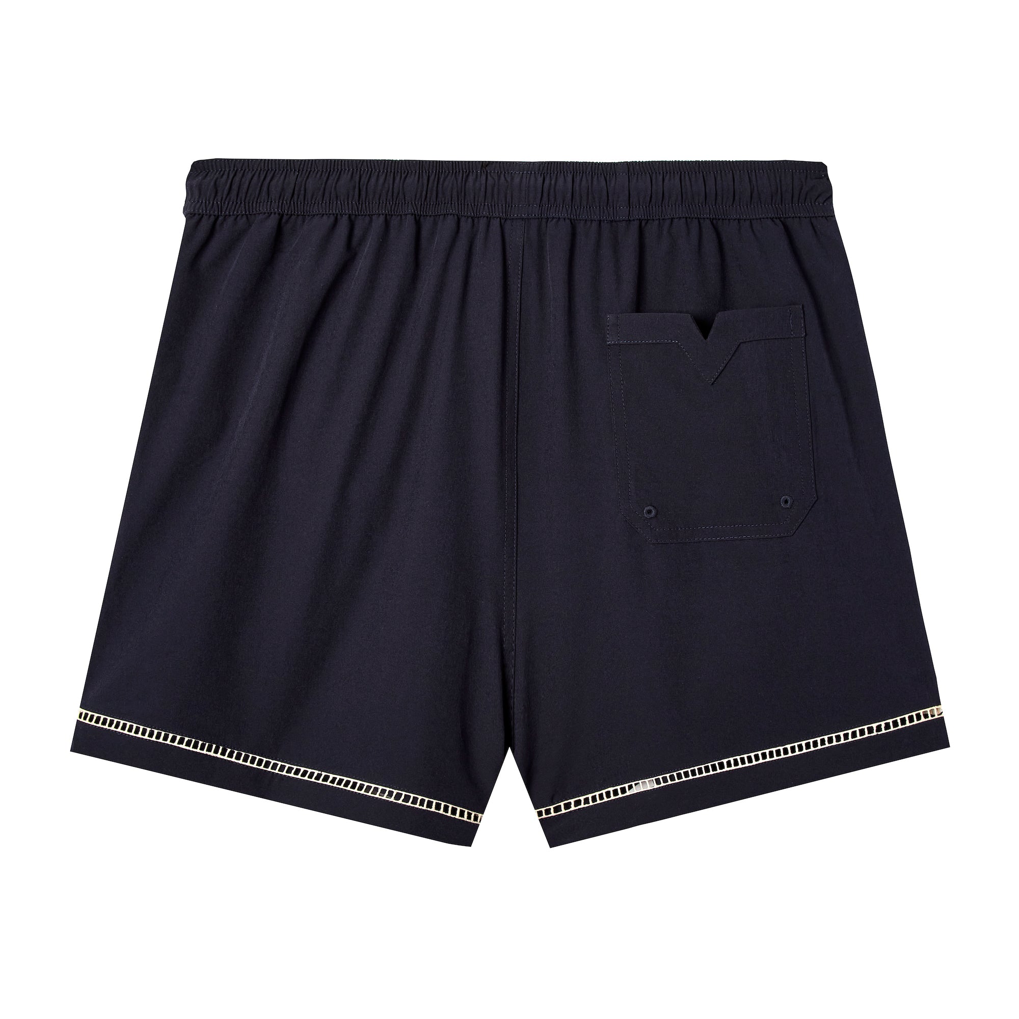 Back side of swim trunks against white background showing the signature V pocket