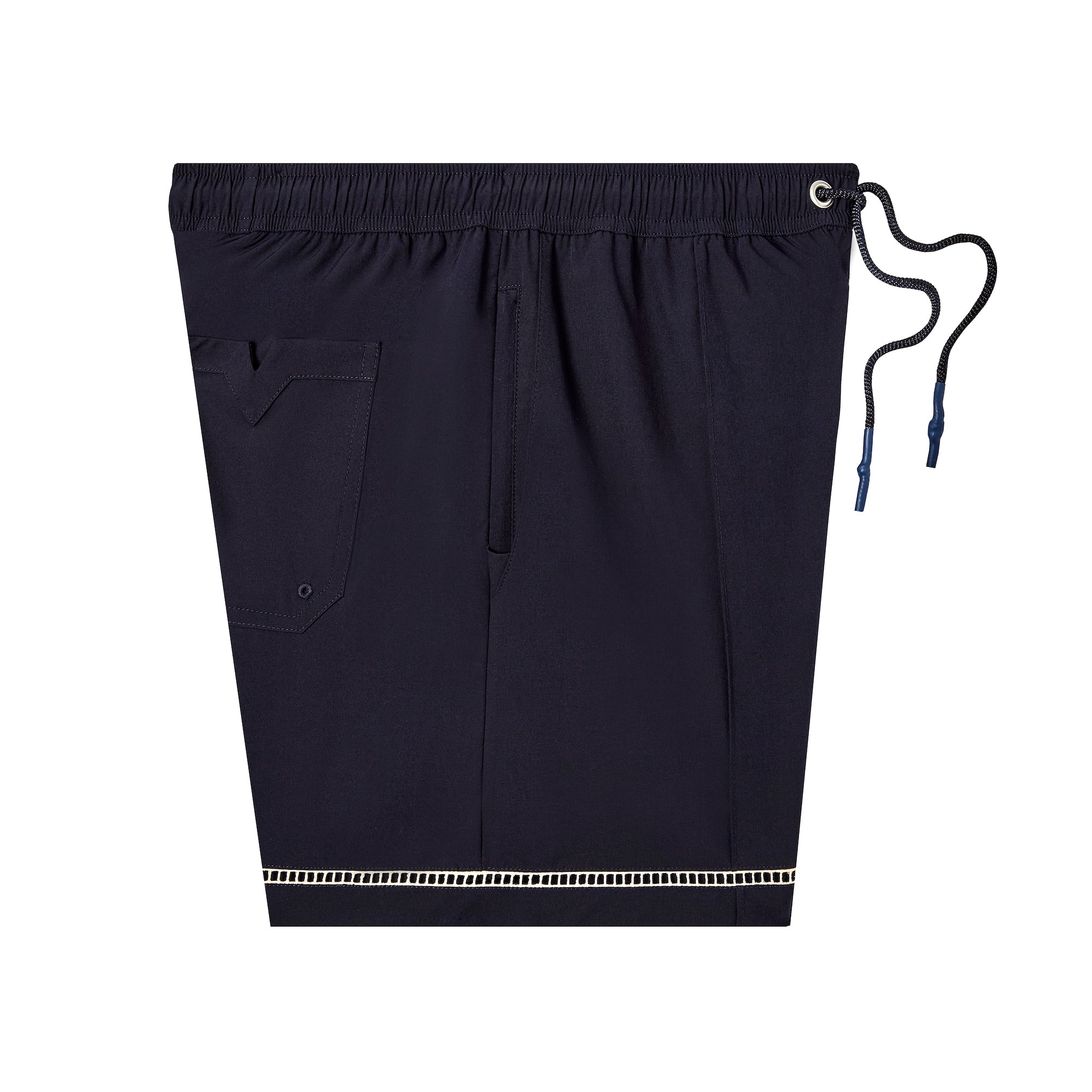 Side shot of swim trunks showing zippered pockets and silicone dipped drawstrings