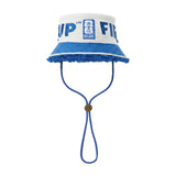 Blue and white terry bucket hat with FIFA World Cup New York New Jersey patch, fringed brim, and adjustable chin cord.