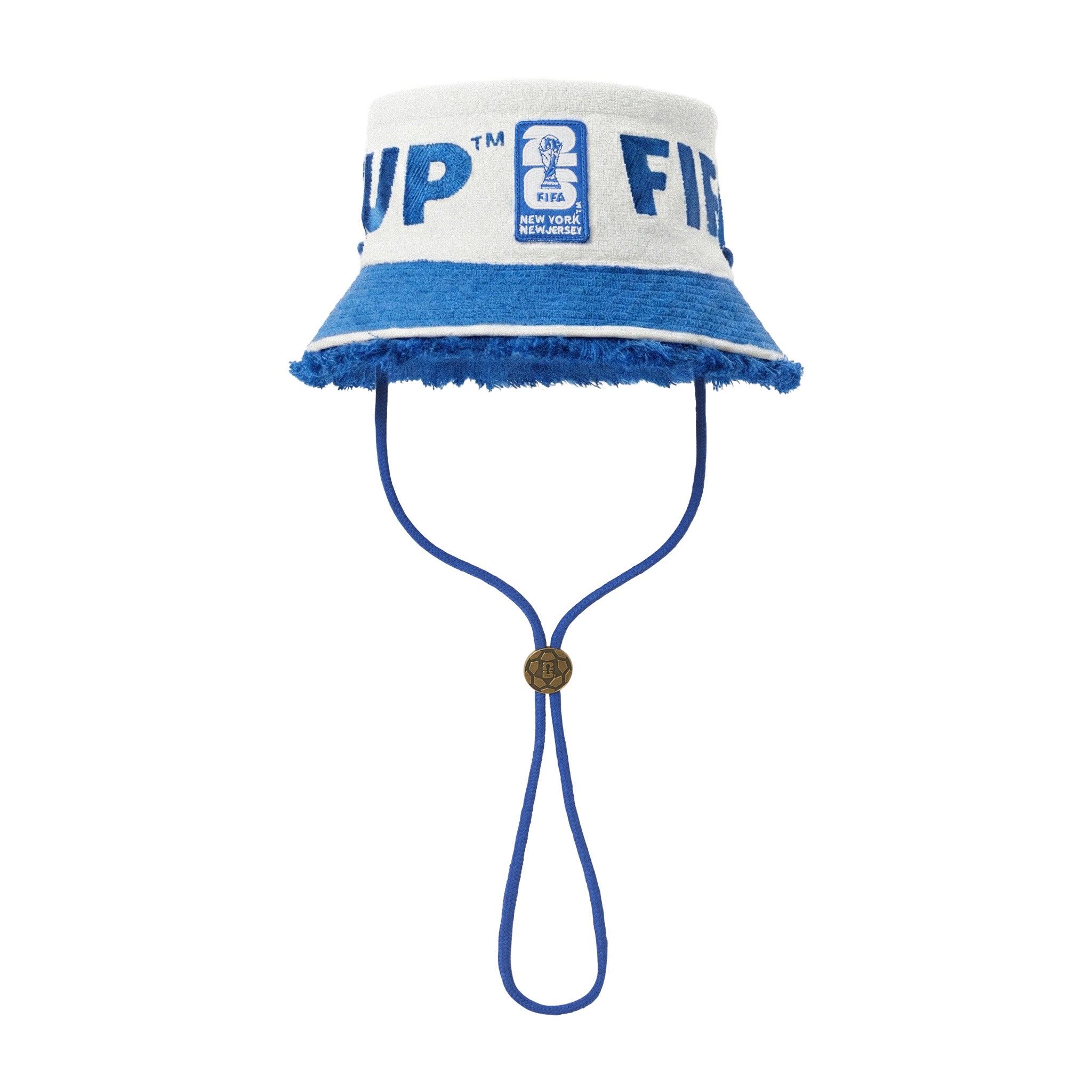 Blue and white terry bucket hat with FIFA World Cup New York New Jersey patch, fringed brim, and adjustable chin cord.