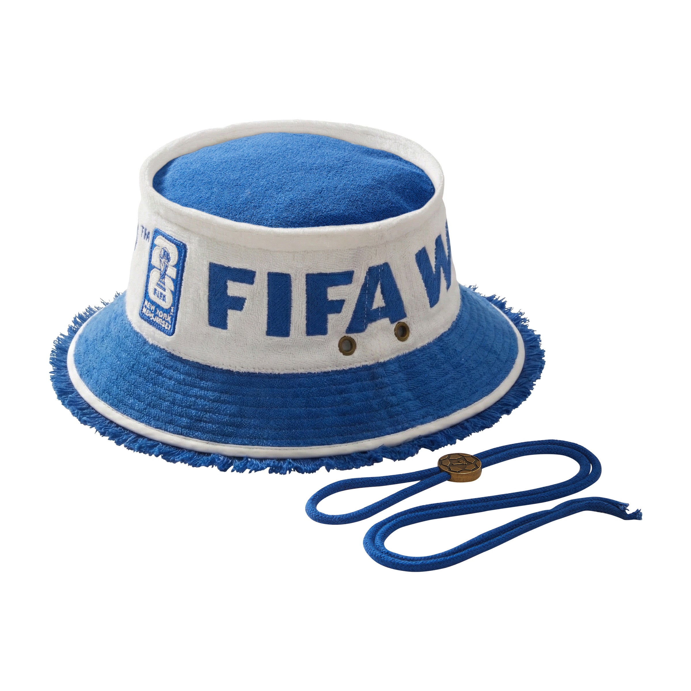 Blue and white terry FIFA bucket hat with New York New Jersey patch, fringe brim, and adjustable chin cord.