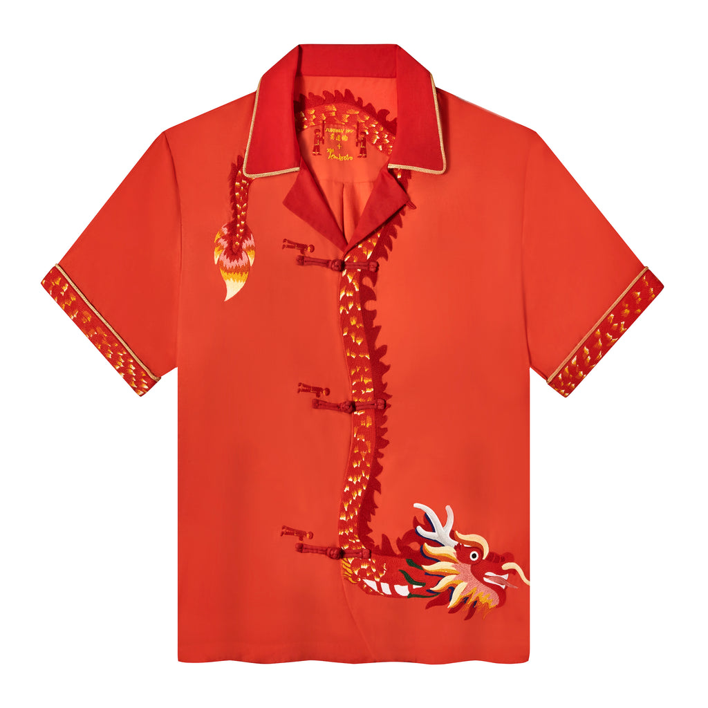 Bright red short-sleeved shirt with traditional Chinese frog button closures and a mandarin collar. The shirt features a bold, golden dragon design starting from the bottom hem and curling up the right side, with its head reaching the chest area. 
