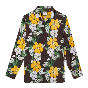 long-sleeve "Night Bloom" buttoned shirt with front-facing product image and hibiscus pattern with a brown base and one-piece rolled collar on a white background.