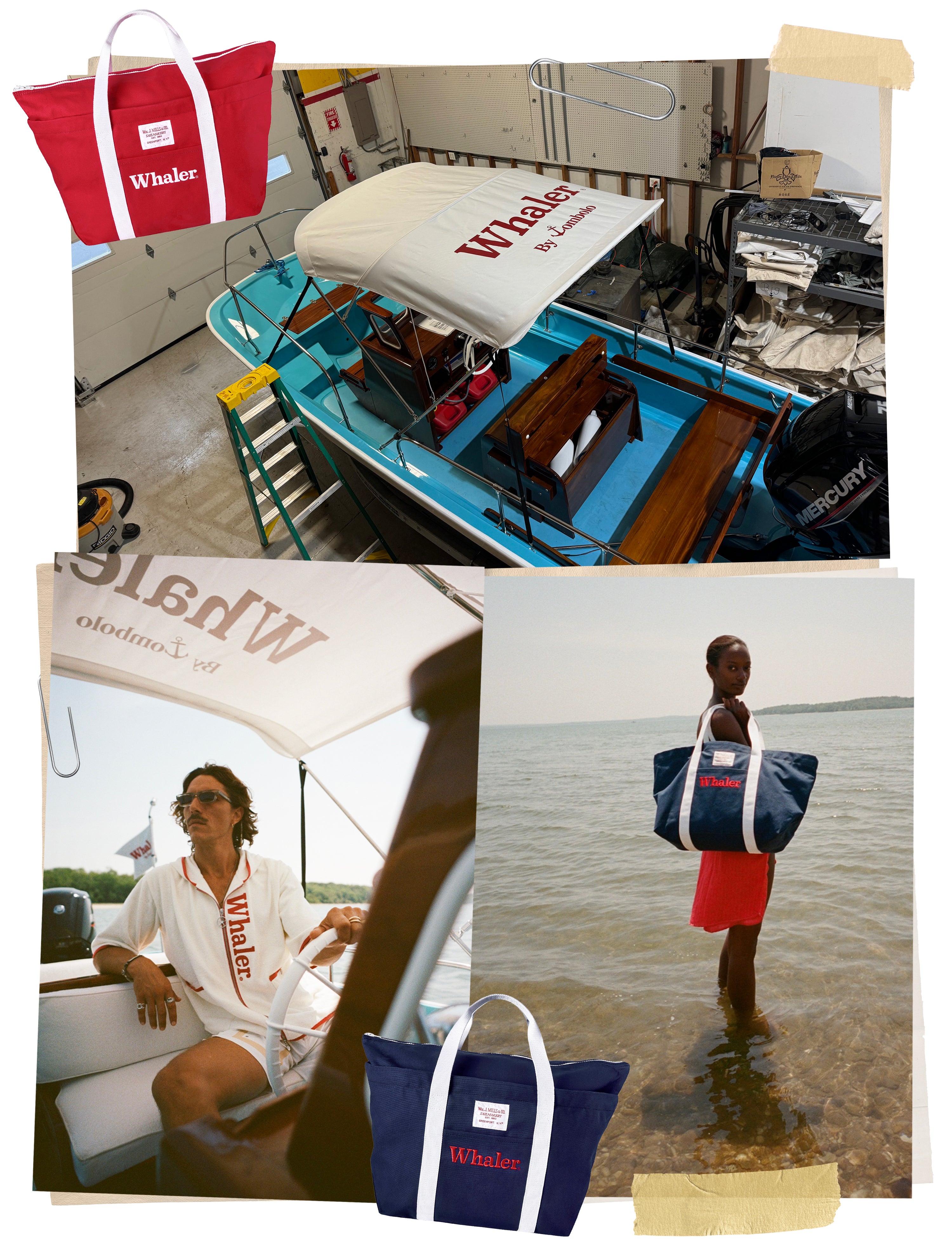 Collage of Whaler branded products including a boat, and totebags.