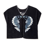 Front-facing product image of the 'fish smooch' hand towel top made of organic terry cloth that features a white picot trim frames luxurious organic cotton terry cloth that is chain-stitched with two amorous fish about to lock lips, two additional concealed hook-and-eye closures that can be fastened shut to prevent the front panels from fluttering open, should that are cupped with a clever hidden seam so they don't triangle out too much, interior label that is chain-stitched with a hand motif