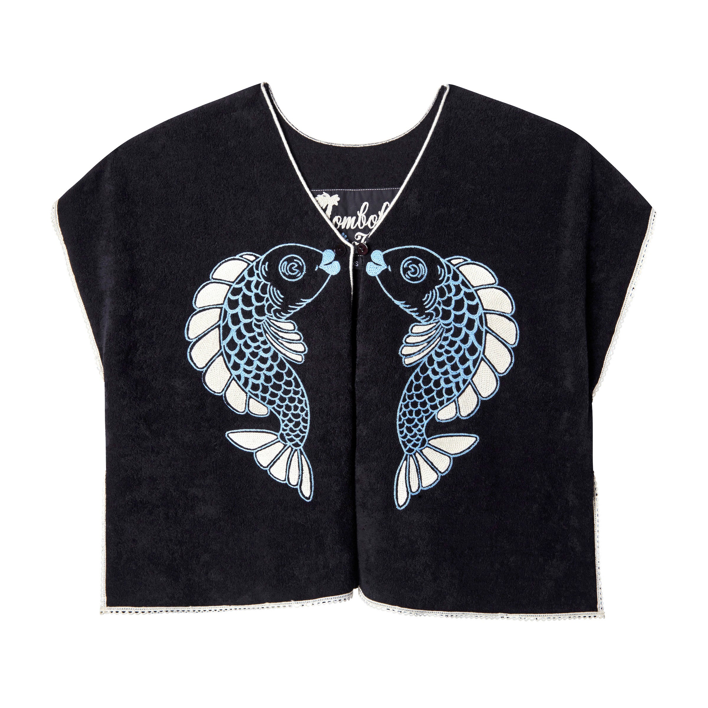 Front-facing product image of the 'fish smooch' hand towel top made of organic terry cloth that features a white picot trim frames luxurious organic cotton terry cloth that is chain-stitched with two amorous fish about to lock lips, two additional concealed hook-and-eye closures that can be fastened shut to prevent the front panels from fluttering open, should that are cupped with a clever hidden seam so they don't triangle out too much, interior label that is chain-stitched with a hand motif