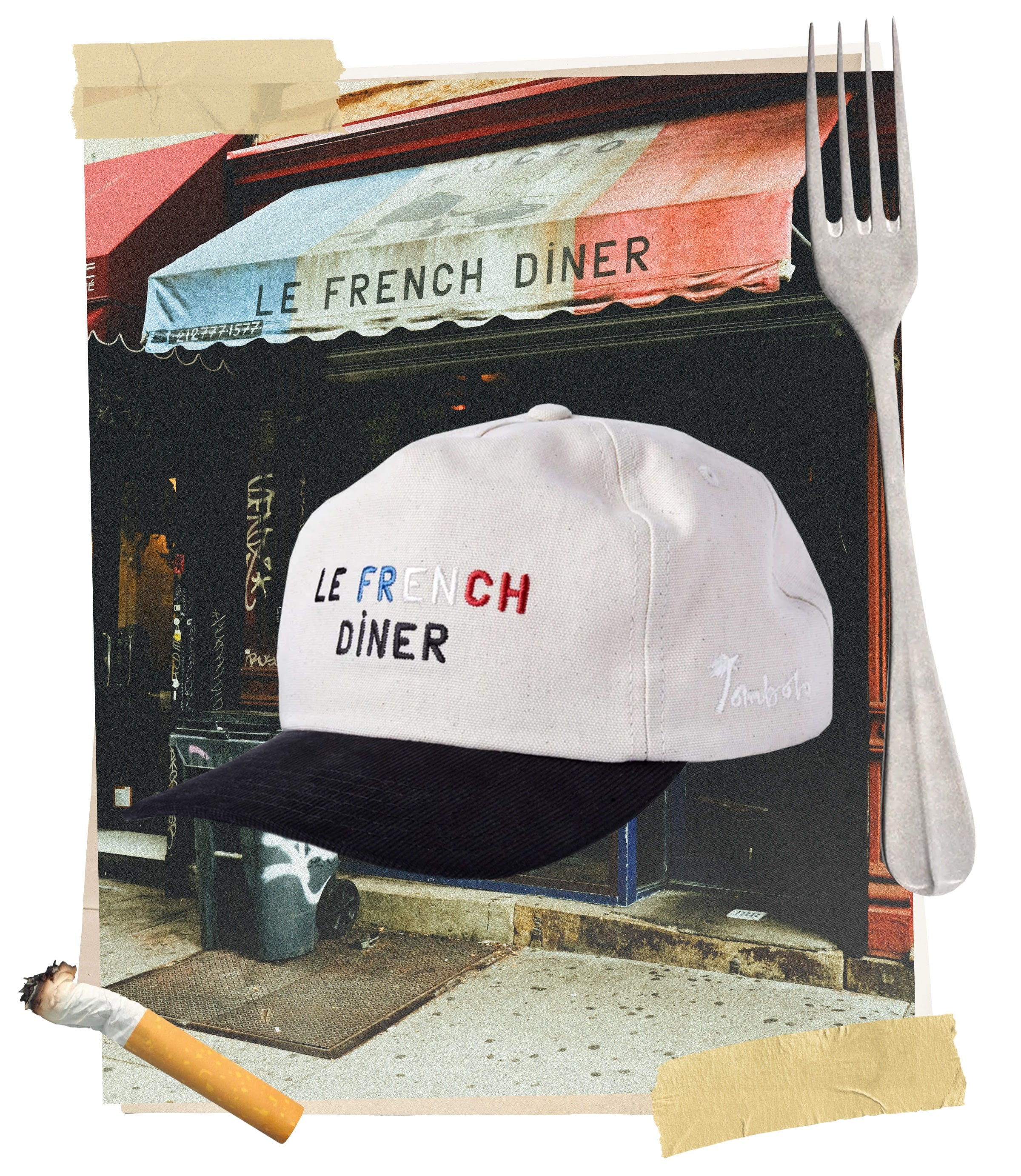 White cap with 'Le French Diner' text on a collage of a diner exterior.