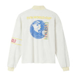 Back view of cream long-sleeve quarter-zip shirt with yellow “FIFA World Cup” lettering and large blue globe graphic with team list on the back, plus striped yellow ribbed collar and cuffs.
