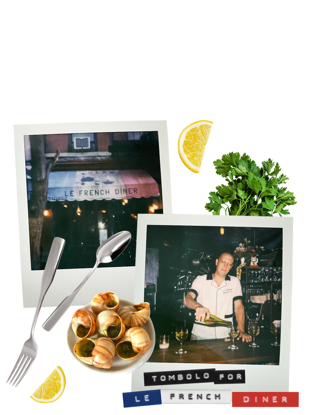 Tombolo for Le French Diner polaroids of the restaurant exterior and Pierre pouring wine