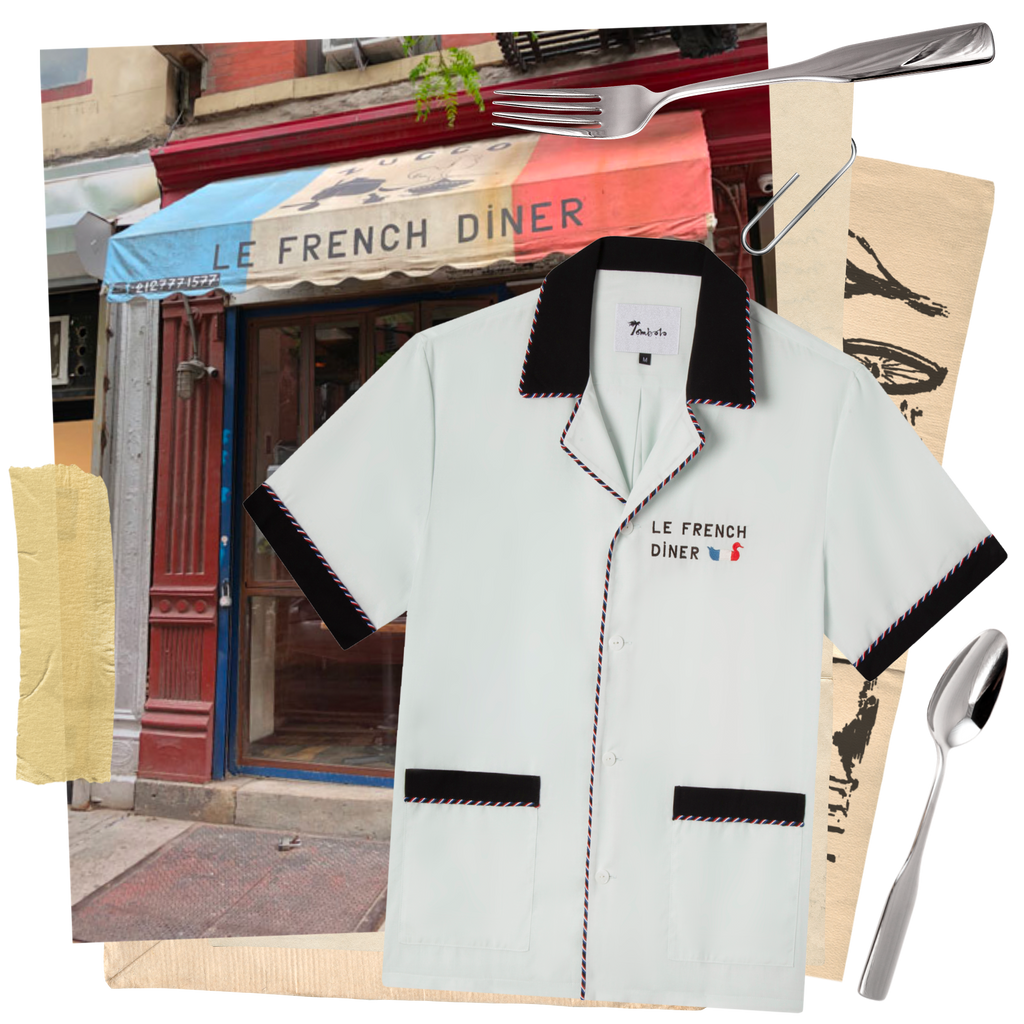 Tombolo Le French Diner shirt against backdrop of restaurant exterior