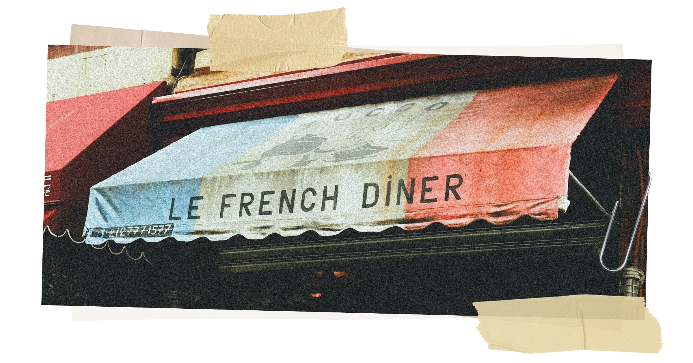  storefront with 'Le French Diner' sign on a colorful awning